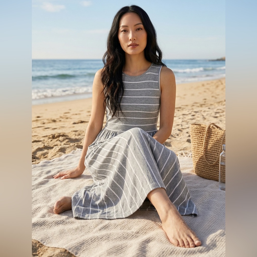 Striped Sleeveless Gray Maxi Dress
